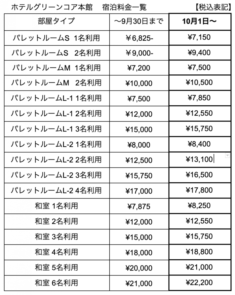 料金改定のお知らせ